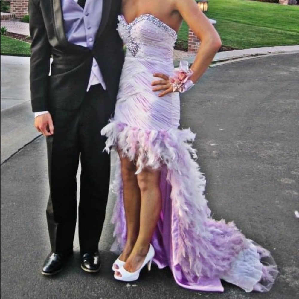 Lavender & White Feather High Low MacDuggal Prom Dress Embellished Sweetheart